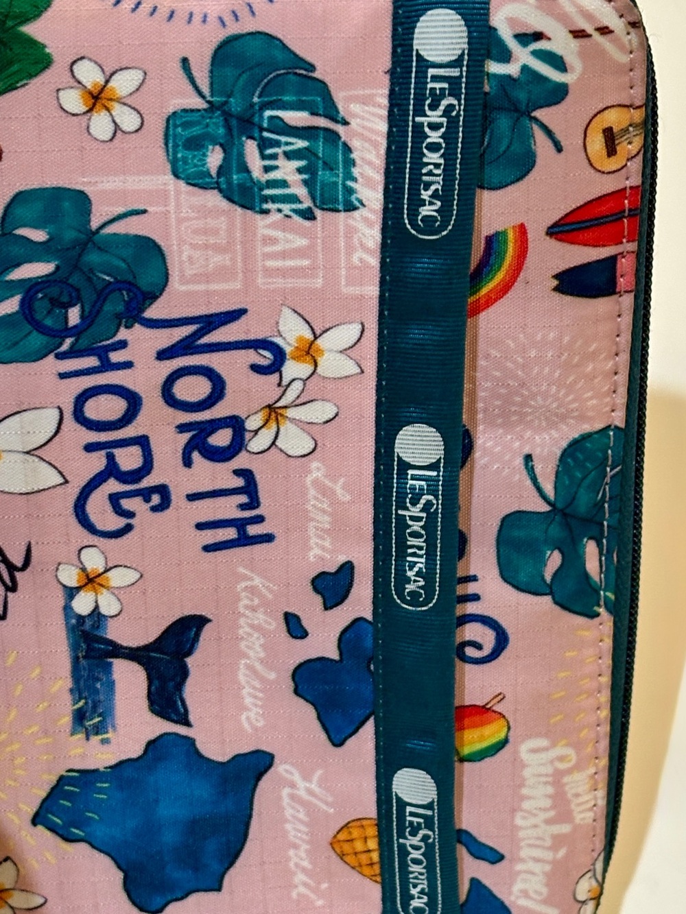LeSportsac Pink Tropical Print Zip Wallet with Teal and Navy Accents - Picture 3 of 8